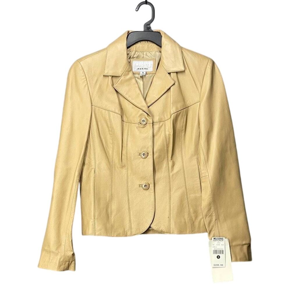 Wilsons Leather Maxima Blazer Style Fitted Jacket Tan Beige Small S Vintage 90s